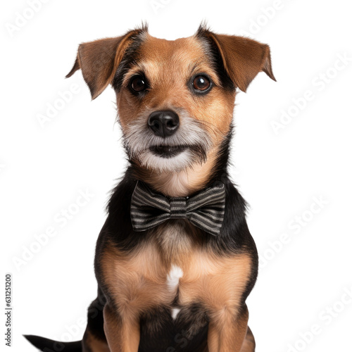 Small cute mixed breed rescue dog wearing a bowtie in a studio portrait on a transparent backround.