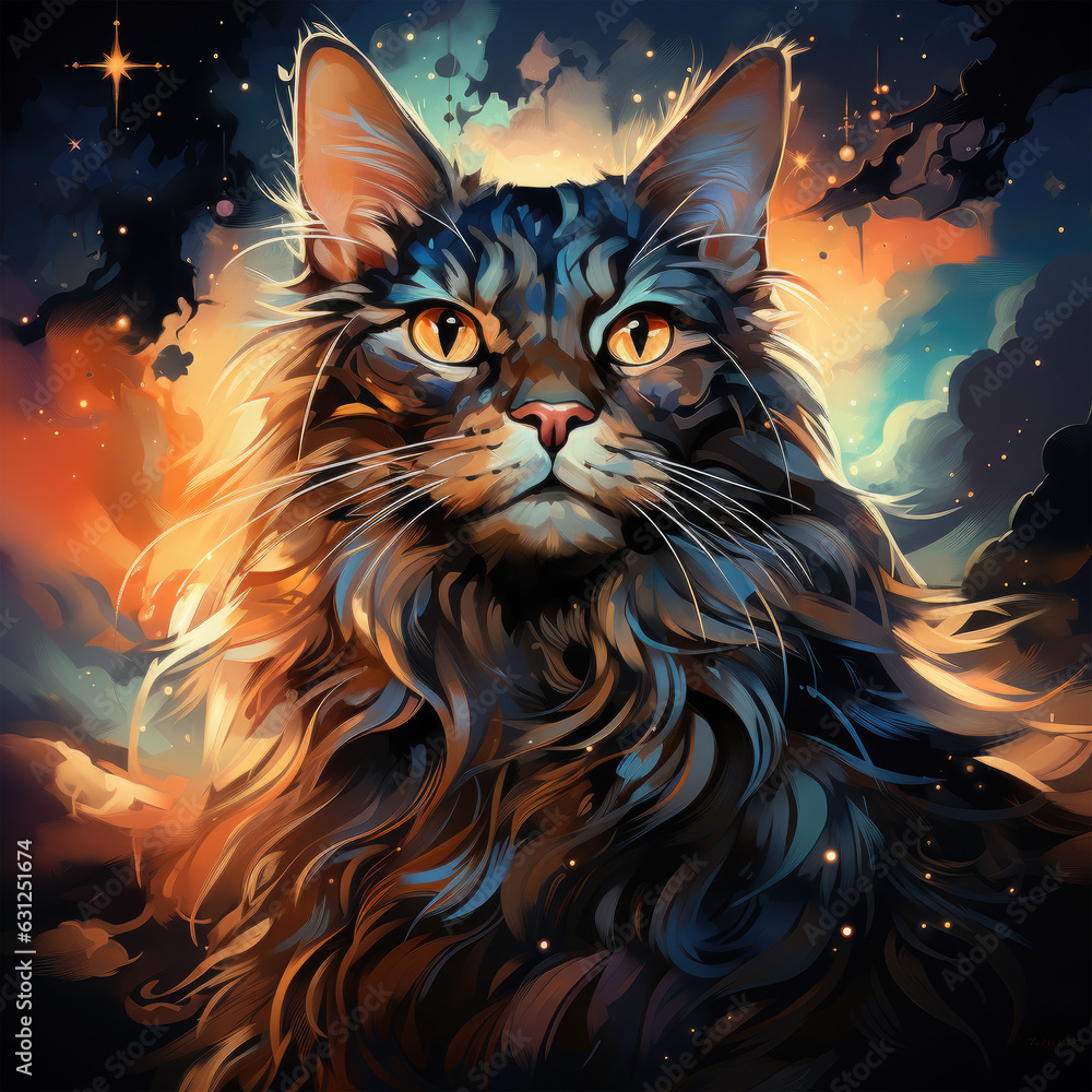 A heartwarming Halloween Maine Coon cat t-shirt design showcasing a group of Maine Coon cats wearing adorable and creative costumes, gathered around a campfire under a starry night sky, Generative Ai