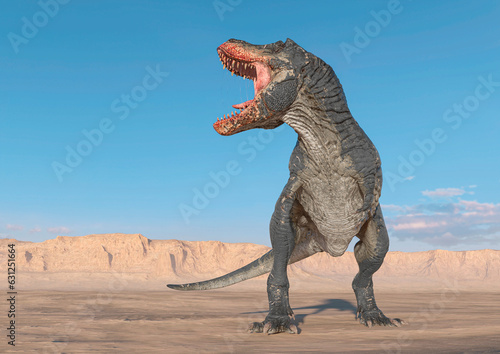 tyrannosaurus is calling the others on sunset desert side view with copy space