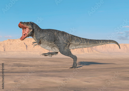tyrannosaurus is running fast on sunset desert cool view