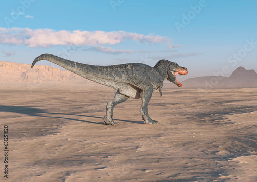 tyrannosaurus is goin away on sunset desert side view