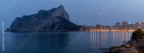 Ifach Rock in Calpe. Mediterranean sea during the blue hour.