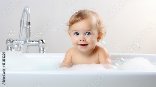 Cute baby bathes in a bath with foam and soap bubbles