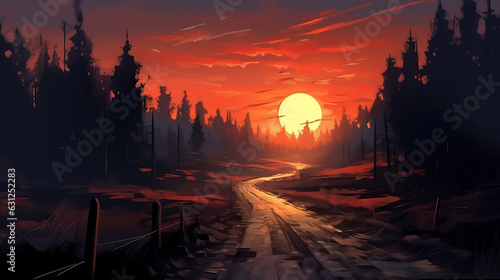 Creepy night road in forest digital painting by AI