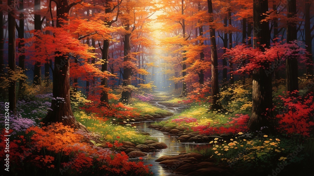  a painting of a stream in a forest with bright colors.  generative ai