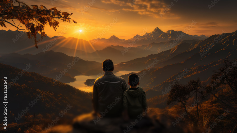 Indian Father, son on top of mountain against sunset, Family spends happy time together in nature