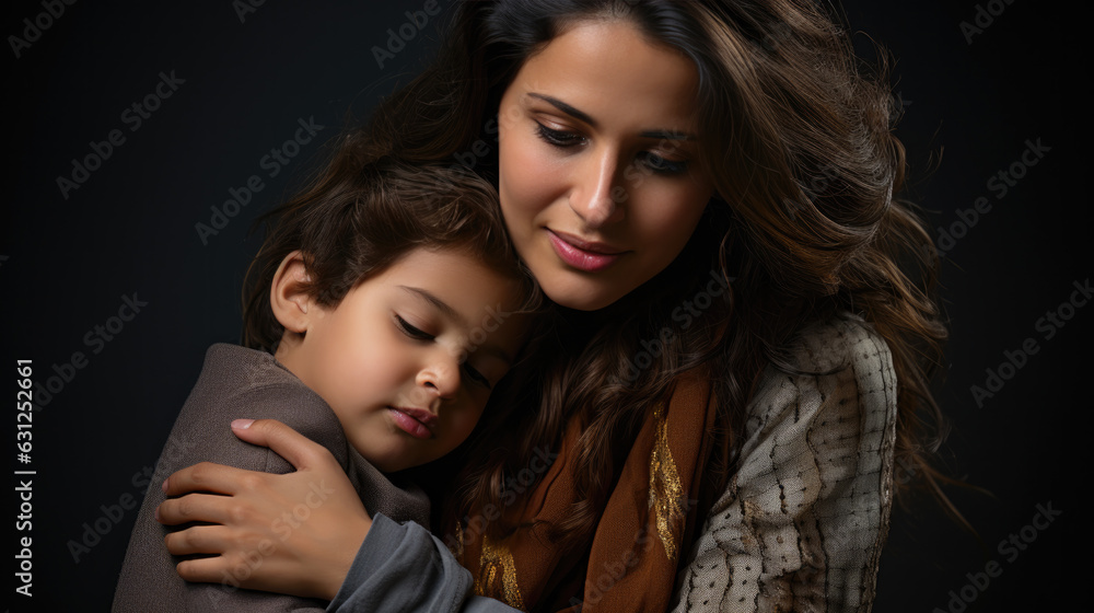 Indian young mother and little kid cuddling at home Indian young mother and little kid cuddling at home
