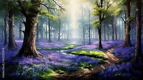  a painting of a forest with bluebells and a stream.  generative ai