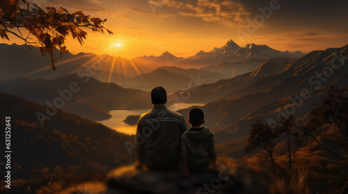 Indian Father, son on top of mountain against sunset, Family spends happy time together in nature