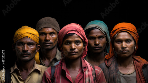 Indian hardworking construction workers or labours looking at camera wears safety hard hat