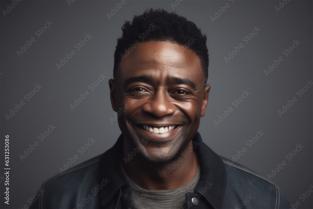 black mid adult man smiling on a grey background black mid adult man smiling on a grey background