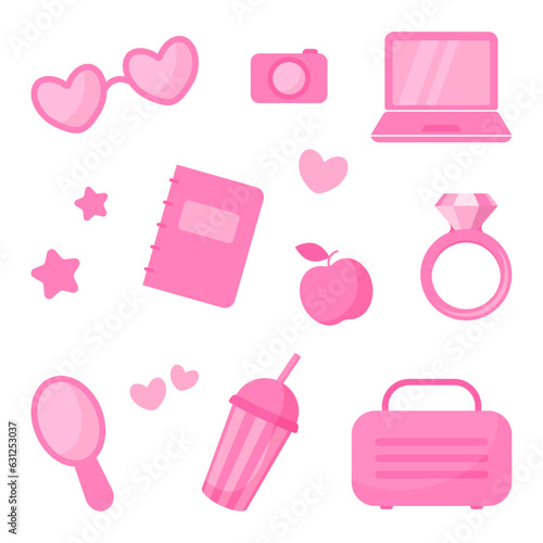 Barbie style set. Set in the theme of barbie things on a white background. Mirror, travel bag, cocktail, camera, glasses, and other decoration details for a girl. 