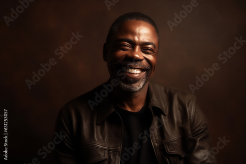 black mid adult man smiling on a brown background