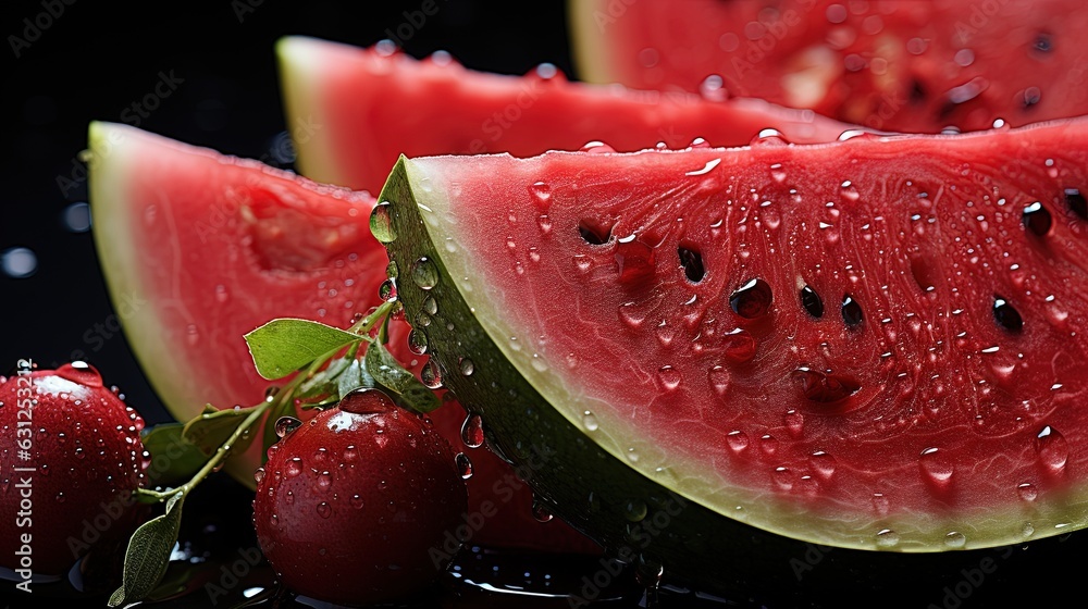  watermelon slices and strawberries with drops of water on them.  generative ai