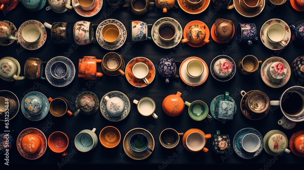 a collection of tea cups and saucers are arranged on a wall. generative ai a collection of tea cups and saucers are arranged on a wall. generative ai