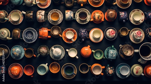  a collection of tea cups and saucers are arranged on a wall. generative ai