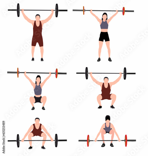set of man and woman doing barbell deadlifts exercise. A fitness enthusiast doing weight lifting. Flat vector illustration on white background.