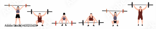 set of man and woman doing barbell deadlifts exercise. A fitness enthusiast doing weight lifting. Flat vector illustration on white background.