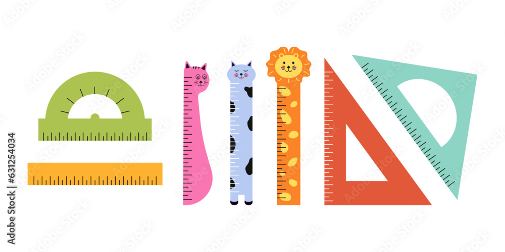 Set of bright school rulers. Ruler cat, ruler lion, transporter and ...