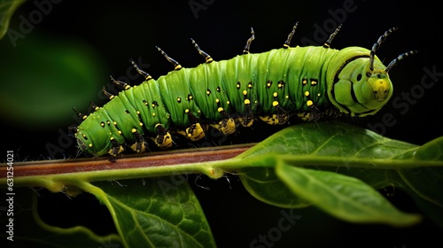  a green caterpillar on a leaf with yellow dots.  generative ai © Anna