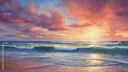  a painting of a sunset over the ocean with waves coming in.  generative ai © Anna
