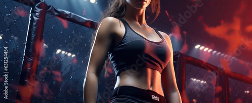 MMA female fighters on professional ring. Generative AI