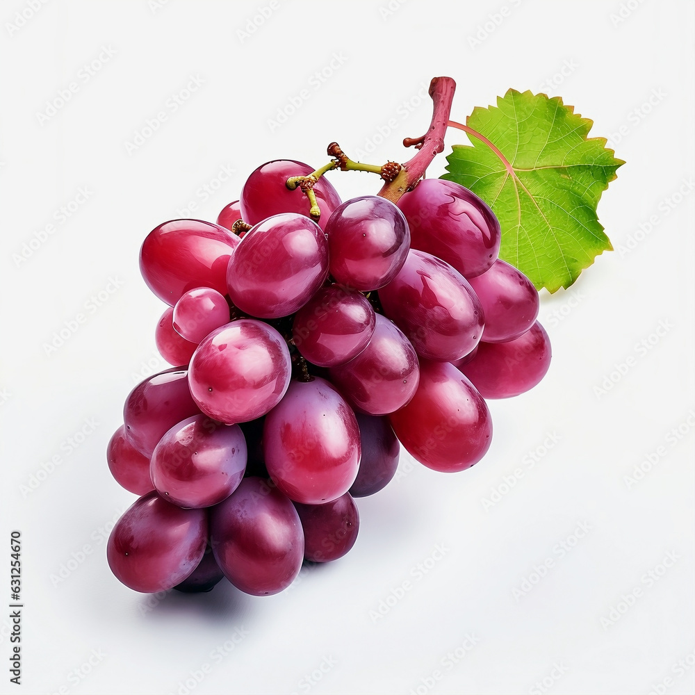 Fototapeta premium The ripe red grapes bunche with green leaf isolated on white background.