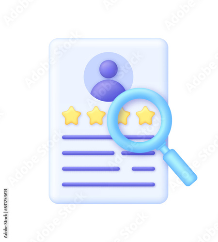 3D CV card illustration. Candidate questionnaire checklist for vacancy. Job search, human resources, business.