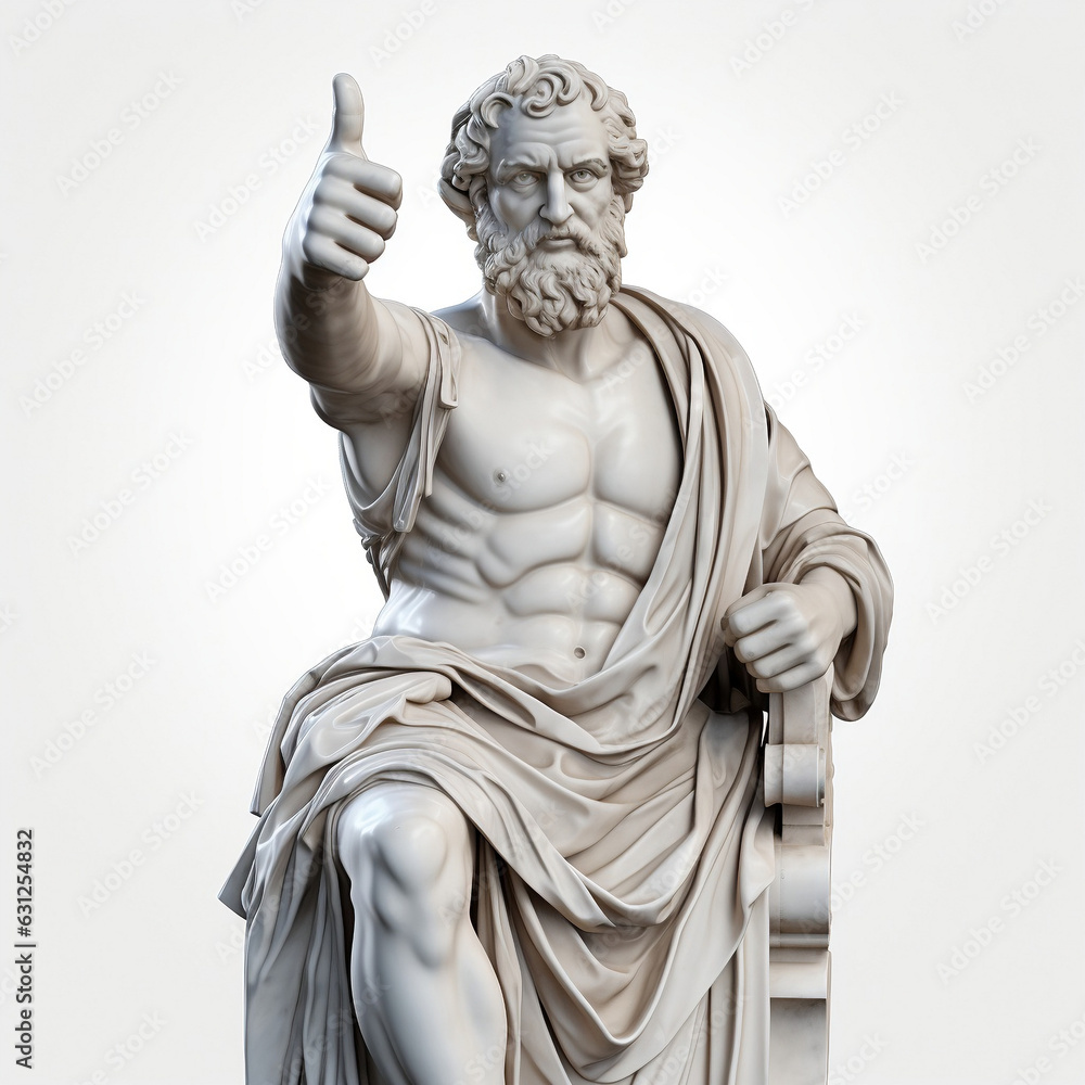 Powerful Greek Statue giving a thumbs up on transparent background