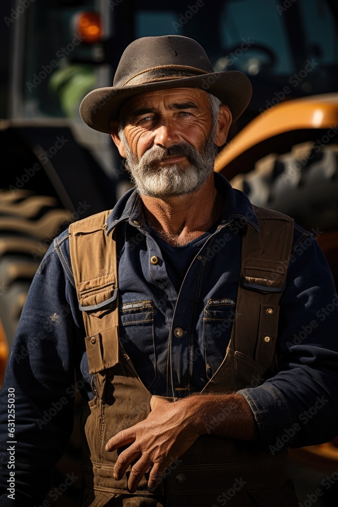 A man wearing a hat and overalls stand in front of tractor. Portrait of a farmer. Digital image.