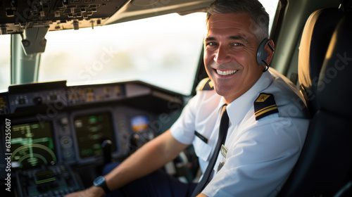 Pilot in the cabin of a passenger airplane. photo