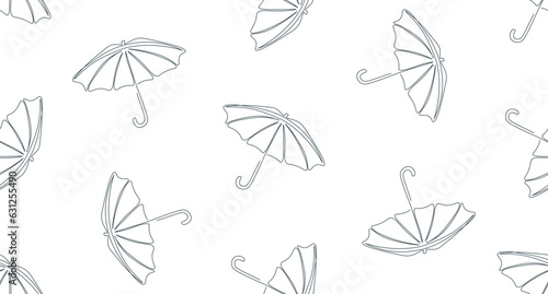 Seamless pattern with umbrellas. Black and white vector illustration. One line drawing open umbrella. Umbrella silhouette in single continuous line. Minimalistic line art.