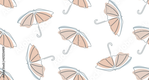Seamless pattern with umbrellas. One line drawing open umbrella. Umbrella silhouette in single continuous line. Flat minimalistic colored design. Vector illustration isolated on white background.