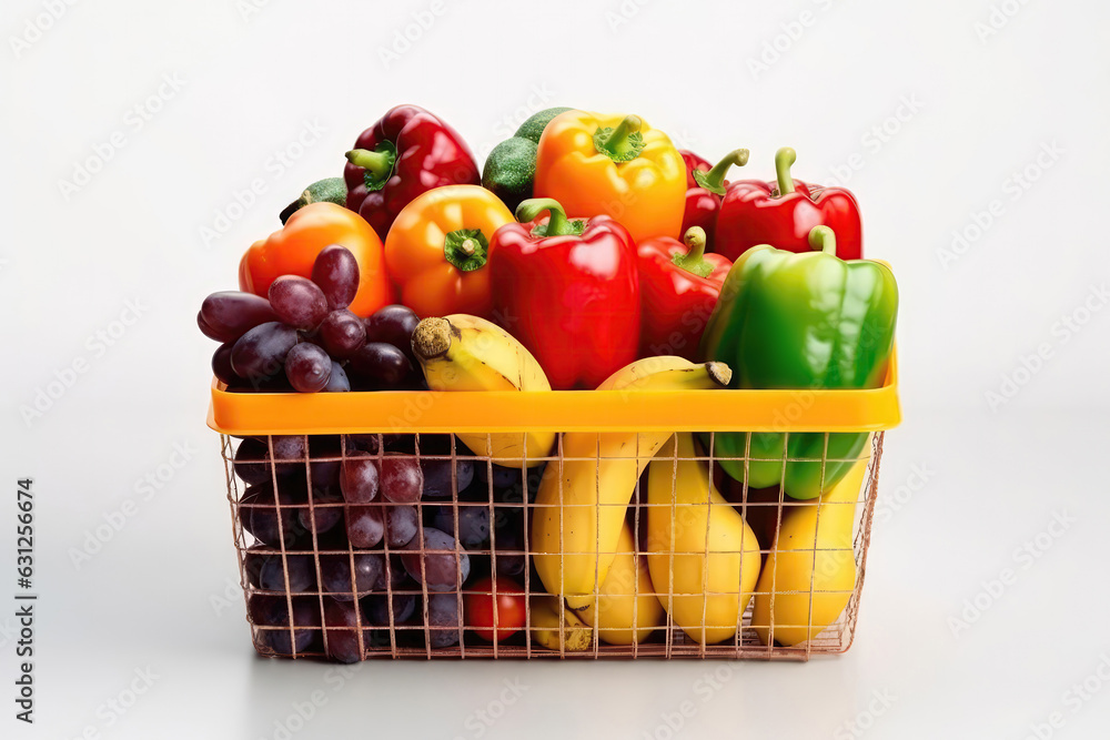 Fruits And Vegetables Fall Into Plastic Basket From The Supermarket On White Background. Generative AI
