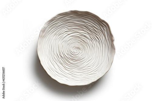 Ceramic Plate With Handsculpted Texture Resembling Tree Bark On White Background Directly Above View. Generative AI photo