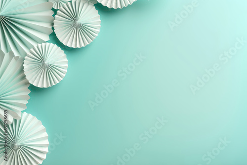 Frame Of Paper Fans On Soft Aqua Color Background  Empty Space. Generative AI