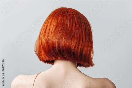 Short Red Straight Hair , Rear View On White Background. Generative AI