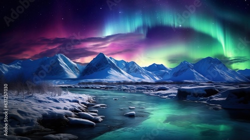  a beautiful aurora bore over a mountain range with a river running through it. generative ai