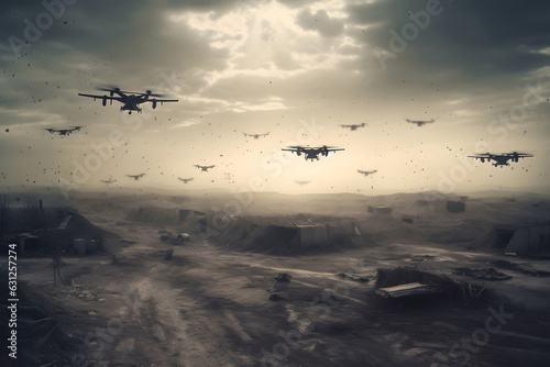drone war - many military copter drones above middle-eastern city battlefield at daytime. Neural network generated in May 2023. Not based on any actual person, scene or pattern.