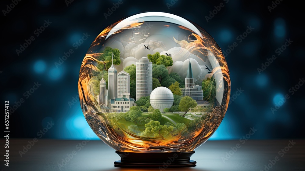 AI-generated illustration of a crystal ball showing a green, sustainable community. MidJourney.