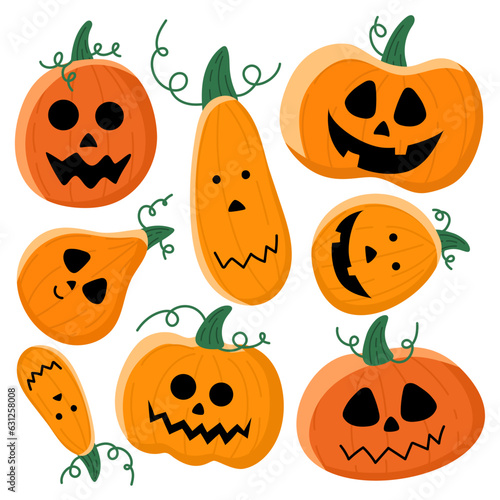 Terrible holiday pumpkins for Halloween themed decorations. A set of fun and horrible orange pumpkins isolated on white.