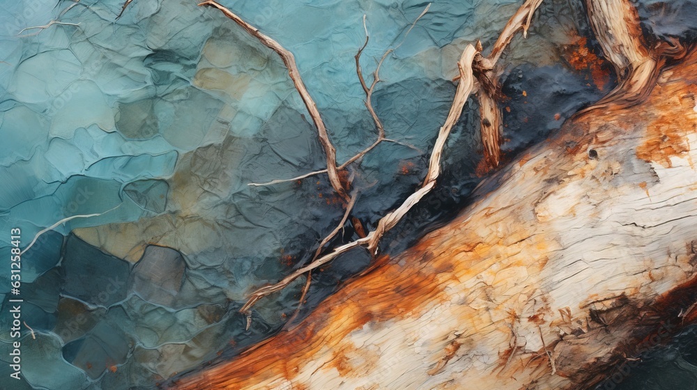  a close up of a tree trunk with a blue background.  generative ai