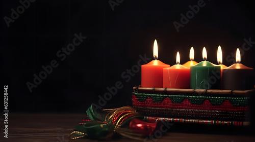 Kwanzaa holiday concept with traditional colorful candles. Neural network generated in May 2023. Not based on any actual person, scene or pattern. photo