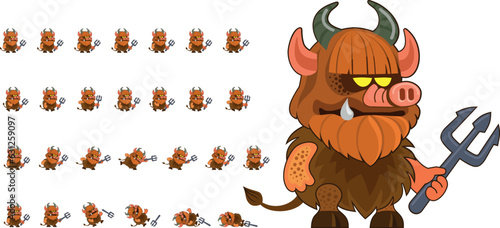 Funny devil with a trident in his hands. Sprite prepared for animation. Character for a computer game. Cute shaggy little monster for animation 