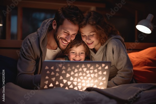 Family with little child spend time together seated on couch in living room with laptop planning holidays tour booking hotels, e-commerce, apps users, shoppers choose online services and goods concept