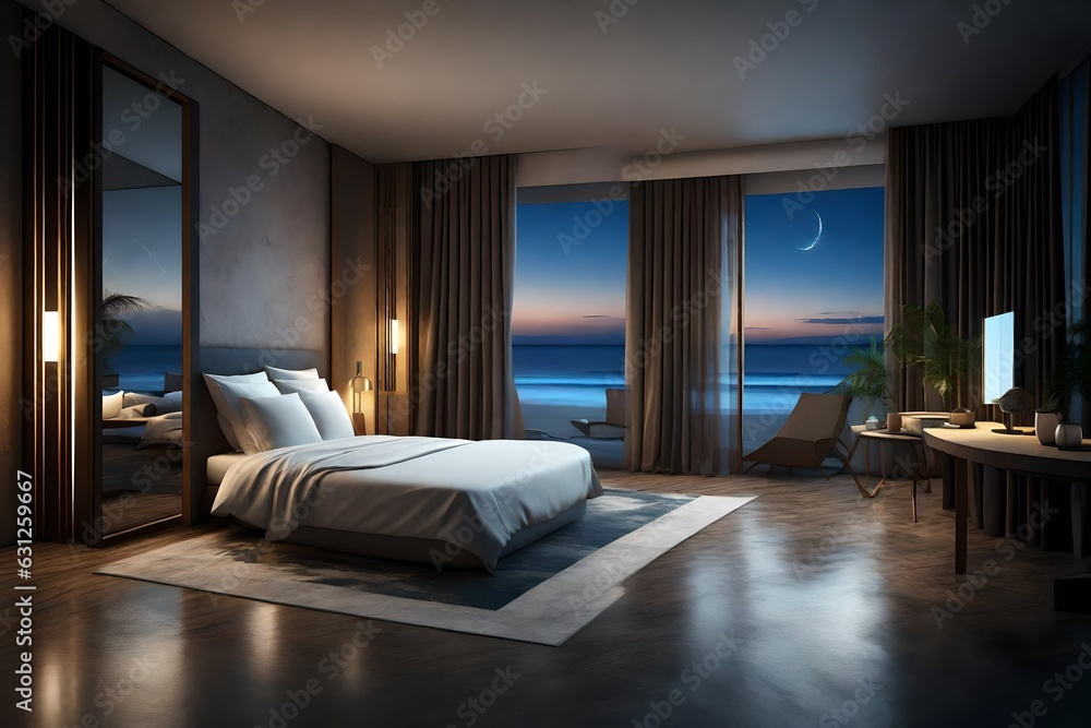 hotel room at night with beach