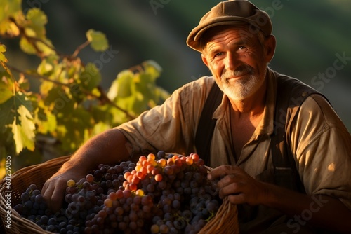Seasonal Worker Harvesting Grapes. AI