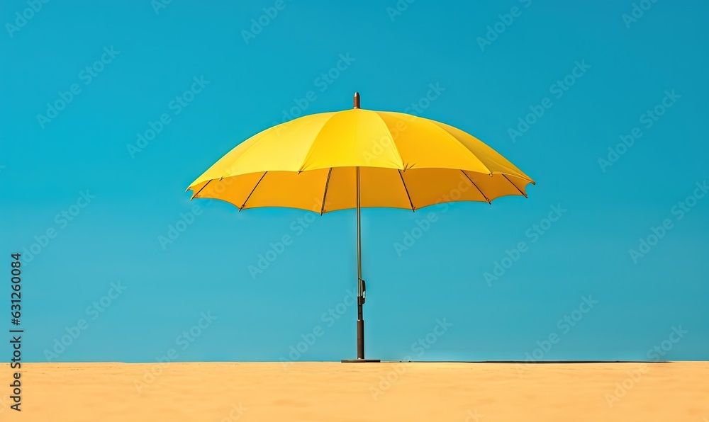  a yellow umbrella sitting on top of a sandy beach under a blue sky.  generative ai