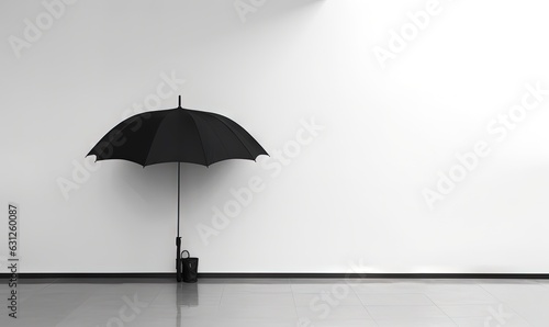  a black umbrella leaning against a wall with a black bucket underneath it.  generative ai
