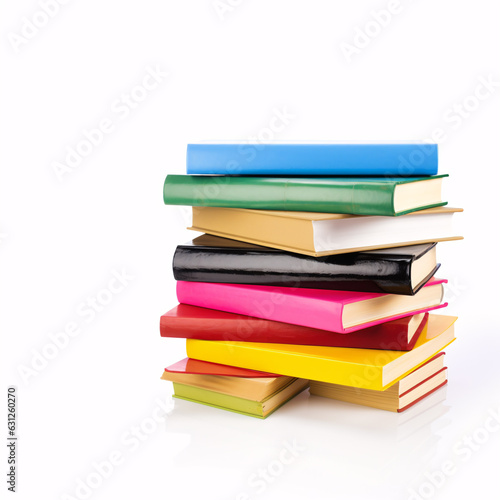 Stack of colorful books isolated on white background. Different books set. Hardback hardcover books. Back to school and education learning concept photo